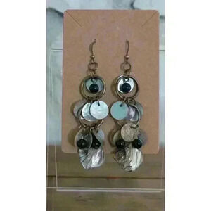 Bronze Chandelier Cluster Sequins Mother of Pearl Drop Earrings